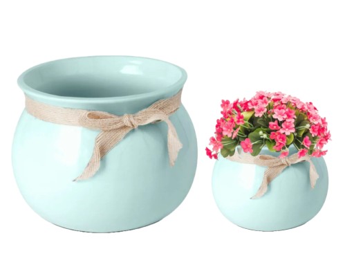 Osłonka okrągła ceramiczna miętowa dekoracyjna 12x17 cm ze wstążką