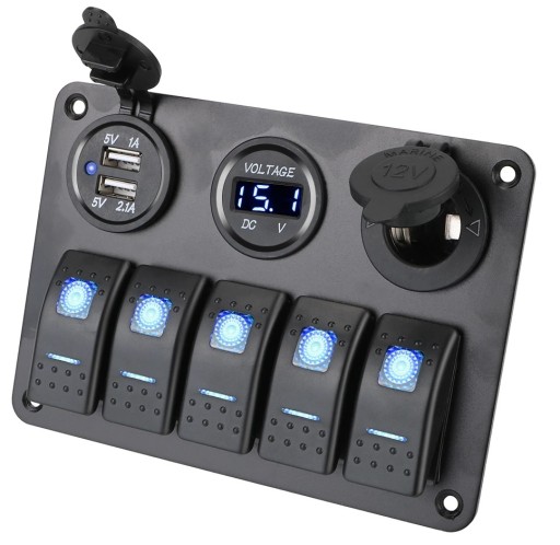 ПАНЕЛЬ ПЕРЕКЛЮЧАТЕЛЕЙ 5x ВЫКЛЮЧАТЕЛЬ ПОДСВЕТКИ ВОЛЬТМЕТР 2x USB 3.1A АЛЮМИНИЙ