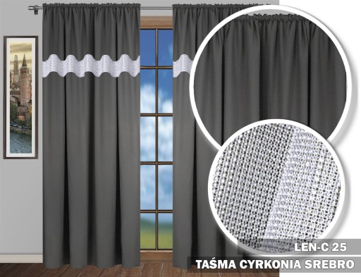 ZASŁONA GOTOWA LEN MATOWY CYRKONIE 250X145 TAŚMA SREBRNA