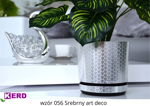 14 cm Doniczka z podstawką SREBRNY ART DECO piękny wzór z połyskiem glamour