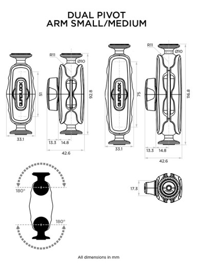 Krótkie ramię 51mm z dwoma przegubami Quad Lock 360