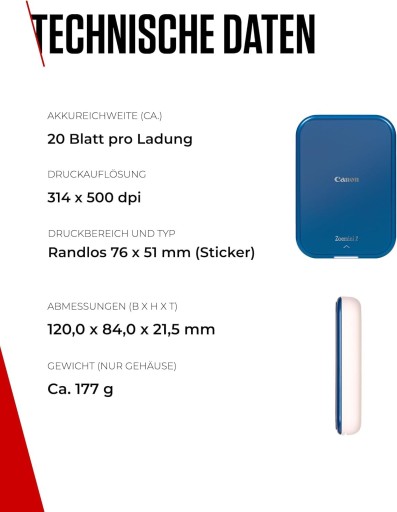 CANON Zoemini 2 Przenośna Drukarka Zdjęć Bluetooth Smartfon Tablet