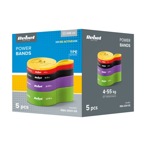Набор из 5 лент для упражнений POWER BAND, эспандеры для тренировок 4-55 кг REBEL