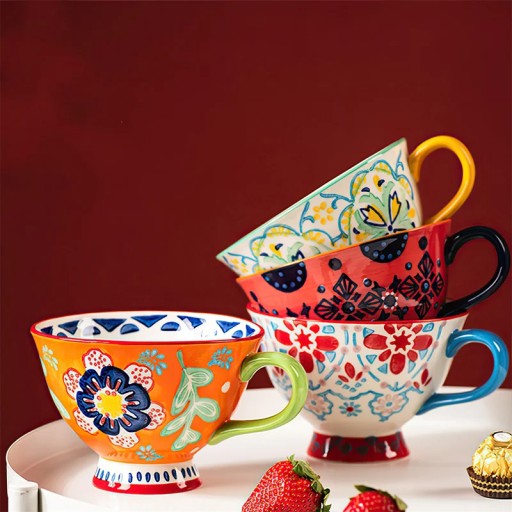 Ceramic Coffee Cup Bohemian Flower Hand Painted INS Breakfast Cup High