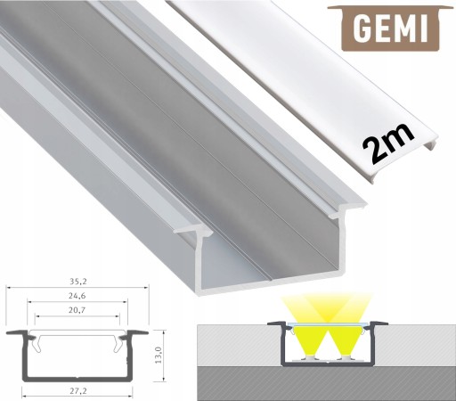 СВЕТОДИОДНЫЙ ПРОФИЛЬ НА 2 СВЕТОДИОДНЫЕ ЛЕНТЫ АЛЮМИНИЕВЫЙ ВСТРАИВАЕМЫЙ GEMI SILVER 2M С ЛАМПОЙ