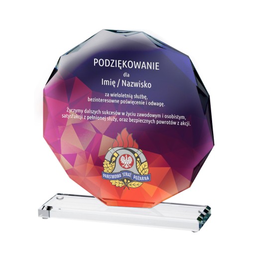 Statuetka szklana z kolorowym nadrukiem nagroda dla strażaka STRAŻ POŻARNA