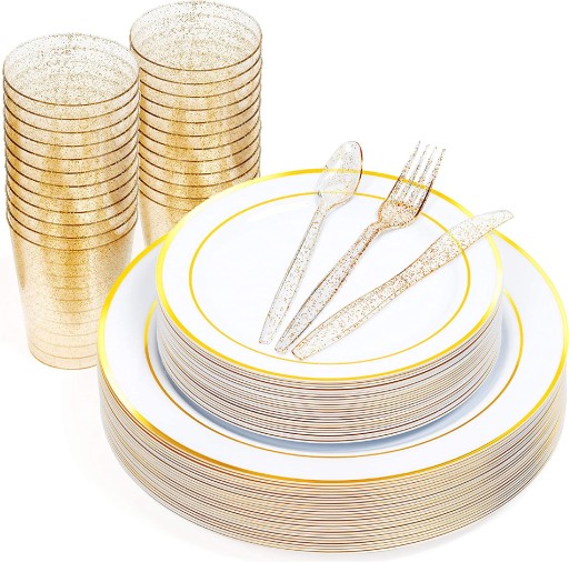 Złoty zestaw plastikowe talerze wielorazowe kubki złote sztućce dla 25 osób