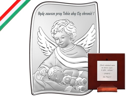 Obraz ze srebra z aniołkiem stróżem 13,5x18cm na prezent Chrzest Komunia