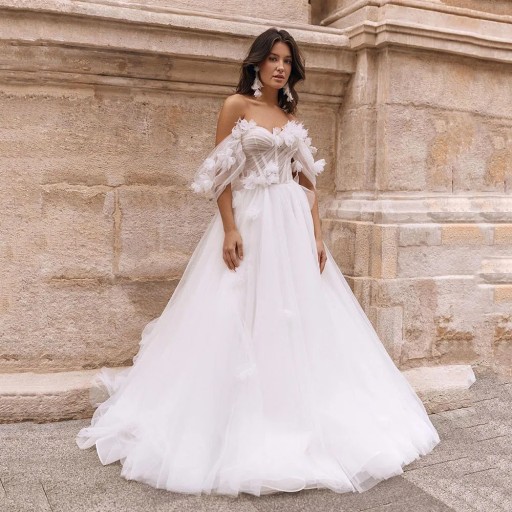 Suknia ślubna boho wiązana gorset opadające rękawki kwiaty 3D IVORY 38 M