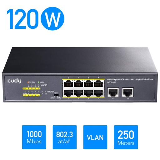 КОММУТАТОР PoE+ 10 портов GS1010P 120 Вт 1 Гбит/с VLAN CCTV