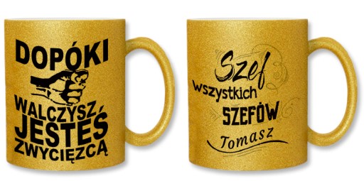 kubek w kolorze brokatowego złota z nadrukiem