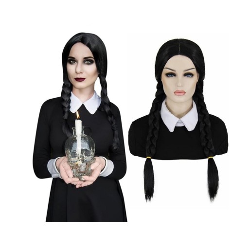 PERUKA DŁUGIE CZARNE PROSTE WŁOSY WARKOCZE PARTY COSPLAY WEDNESDAY ADDAMS