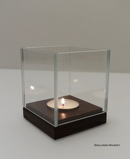 Świecznik szklany szkło OptiWhite na tealight spód drewno brąz pojedynczy