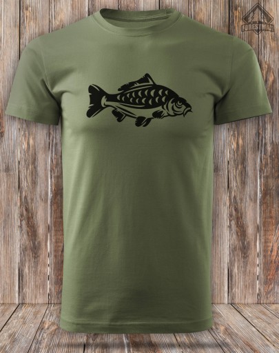 Prezent dla Wędkarza koszulka T-shirt kolor khaki duży nadruk KARP roz. XL