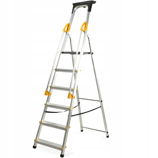 DRABINA ALUMINIOWA DOMOWA 6 STOPNIOWA SKŁADANA Z PORĘCZAMI PÓŁKA +HAK