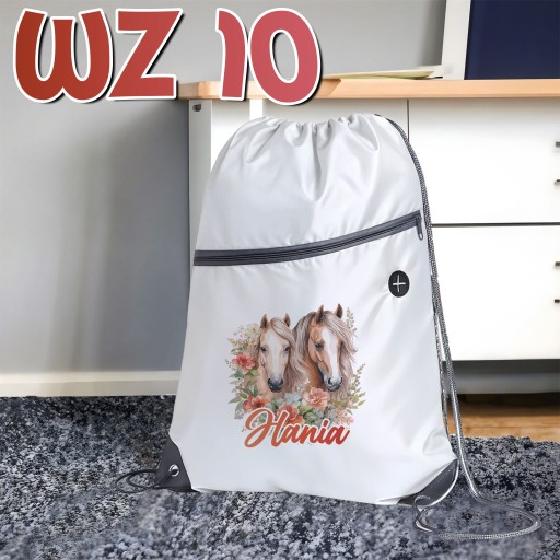 BIAŁY WOREK PLECAK SZKOLNY NA BUTY DO SZKOŁY PRZEDSZKOLA KOŃ KONIE KONIKI