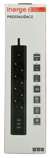 УДЛИНИТЕЛЬ ПИТАНИЯ 4 РОЗЕТКИ 2 м 4 зарядных устройства USB 3 светодиода 1,5 мм²