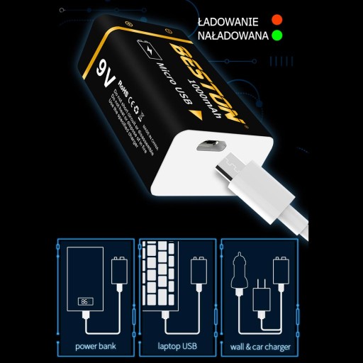Аккумулятор microUSB 9 В, 1000 мАч 6F22 6LR61 522 E-BLOCK R9 + кабель питания