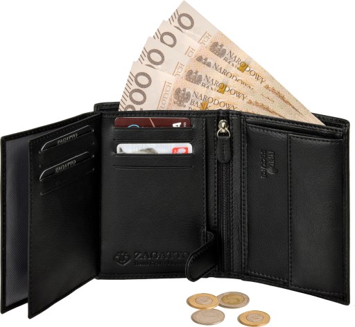 Portfel męski skórzany pionowy czarny klasyczny ochrona kart RFID ZAGATTO