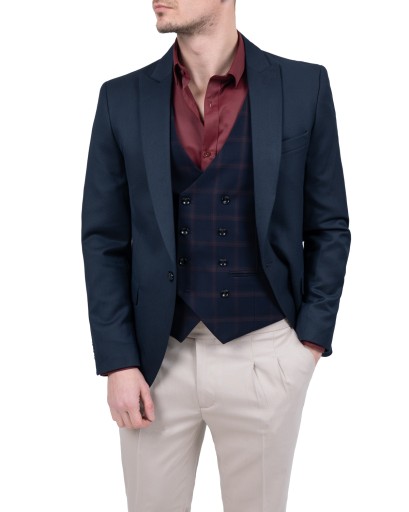 Kamizelka męska granatowa w kratę dwurzędowa elegancka Slim Fit - 52