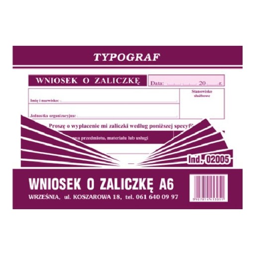DRUK 02005 WNIOSEK O ZALICZKĘ A6 TYPOGRAF