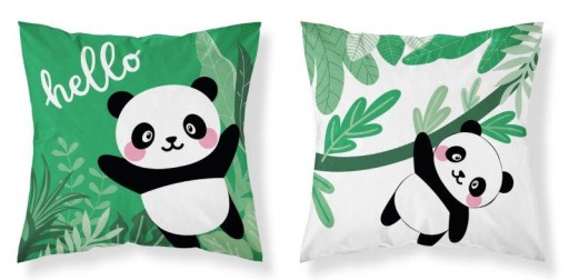 Poszewka bawełniana 40x40 Miś panda hello zielona dwustronna