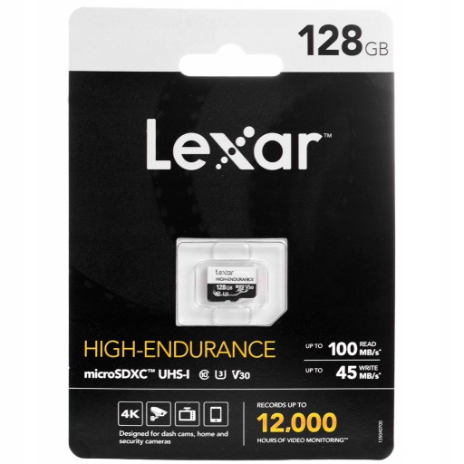 Карта памяти Lexar High-Endurance micro SDXC емкостью 128 ГБ, скорость чтения до 100 МБ/с.