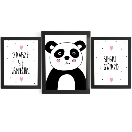 Panda Napisy Zestaw 3 szt Plakaty Dziecięce A3