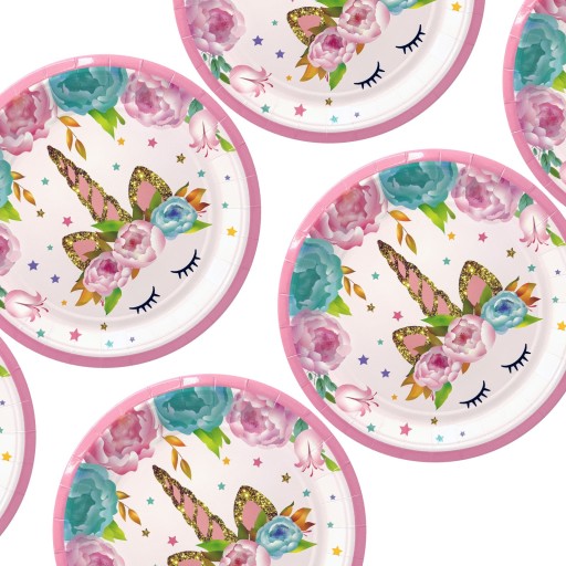 TALERZYKI papierowe 18cm JEDNOROŻEC RÓŻOWY UNICORN KWIATY 6 sztuk