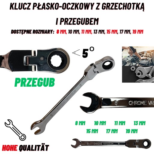 KLUCZ PŁASKO OCZKOWY Z GRZECHOTKĄ I PRZEGUBEM 10MM ŁAMANY WYTRZYMAŁY 72ZĘBY