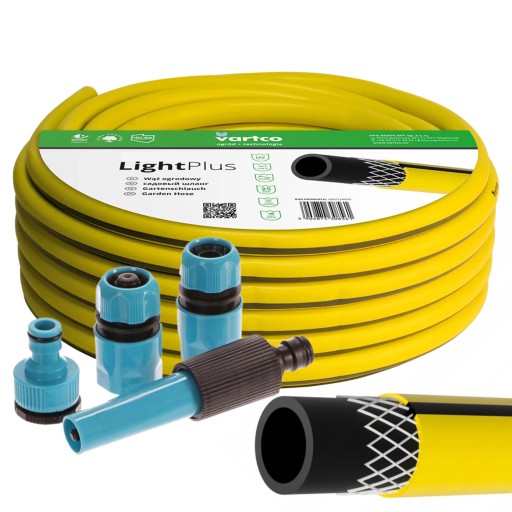 САДОВЫЙ ШЛАНГ VARTCO 3/4 ДЮЙМА 50MB LIGHT PLUS + НАБОР ФИТИНГОВ ПОЛИРОВКА