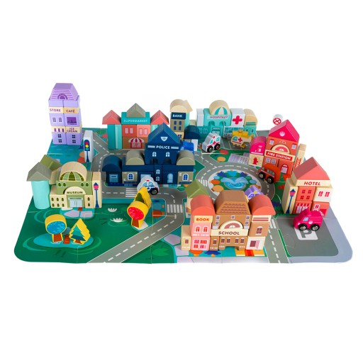 Klocki Miasto Drewniane Auta Zestaw + Puzzle Mata 115 Klocków Edukacyjne