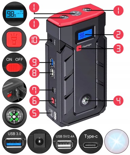 POWERBANK JUMP STARTER START BOOSTER TORCH 10400 мАч ЗАЖИМЫ