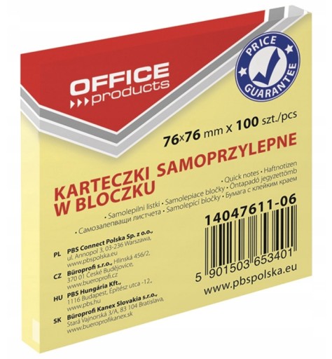 Karteczki OFFICE PRODUCTS ECO 76x76mm 100k żółte
