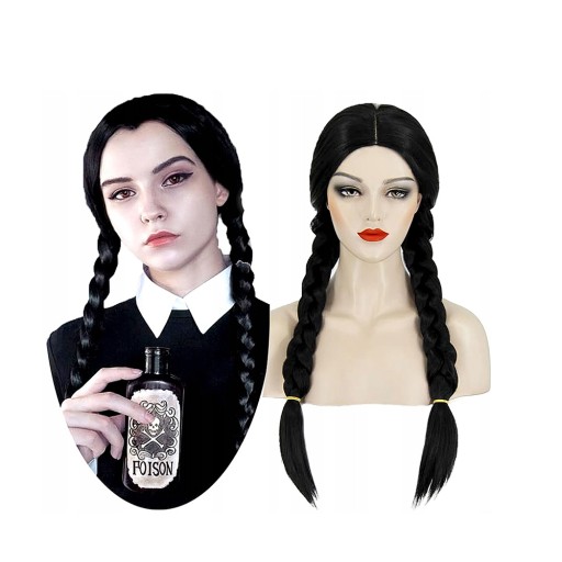 PERUKA DŁUGIE CZARNE PROSTE WŁOSY WARKOCZE PARTY COSPLAY WEDNESDAY ADDAMS