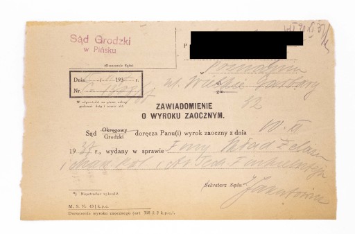 STARE PISMO - ZAWIADOMIENIE SĄDOWE, SĄD GRODZKI, PIŃSK 1937