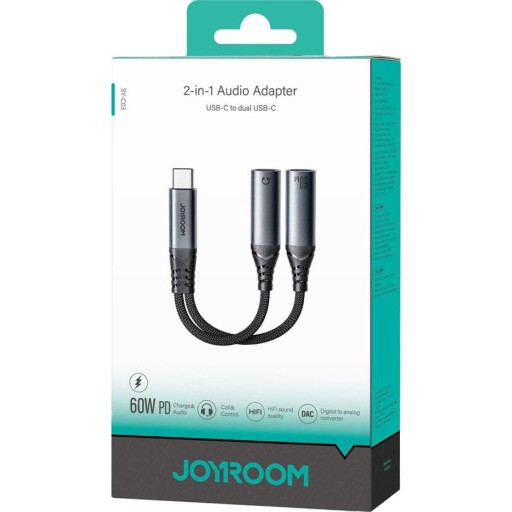 Аудиоадаптер DAC Joyroom SY-C03, 2-в-1, с разъёмами USB Type-C — 2x USB-C, PD 60 Вт