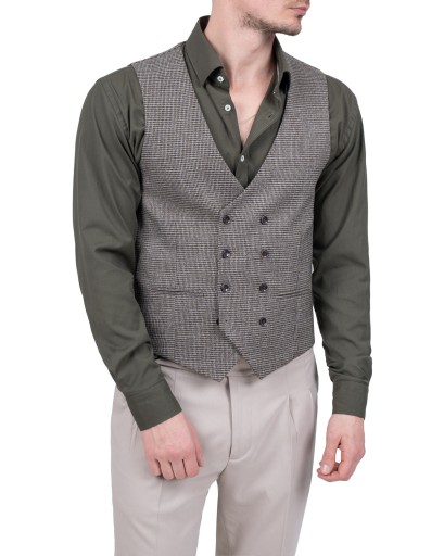 Kamizelka męska dwurzędowa pepitka elegancka casual brazowa - 50