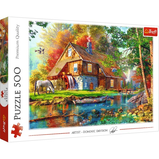 PUZZLE 500 UKŁADANKA ART OBRAZ CHATA RZEKA ZWIERZĘTA MŁYN DOM LAS 10+ TREFL