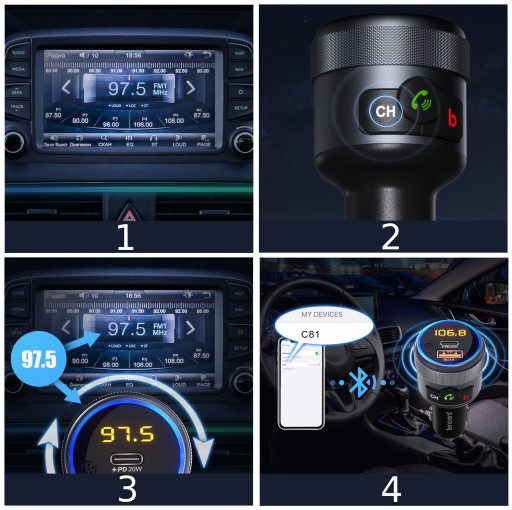 FM-ПЕРЕДАТЧИК BLUETOOTH 5.1 USB БЫСТРОЕ ЗАРЯДНОЕ УСТРОЙСТВО QC 18 Вт/PD 24 Вт 12/24 В БАС
