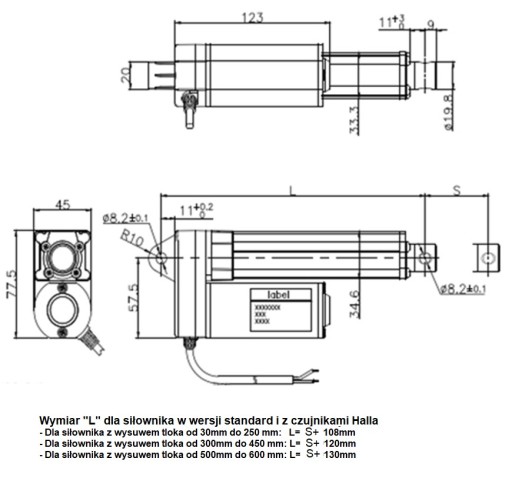 SIŁOWNIK ELEKTRYCZNY RE806 24V 200mm 2000N IP66 Wodoszczelny, Tłok Inox