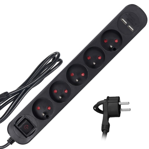 УДЛИНИТЕЛЬ 1,5 м / 5 РАЗЪЕМОВ + 2x USB + ВЫКЛ.