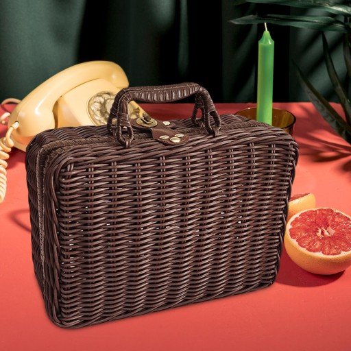 Wiklinowy Hamper Retro Walizka Vintage Rattanowa Torebka na Kemping, XL brązowy