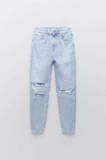 БРЮКИ ZARA MOM FIT, СИНИЕ, ДЫРКИ 36/S
