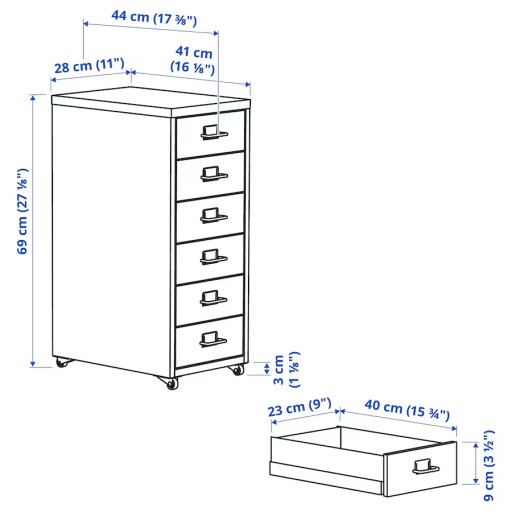 IKEA ХЕЛЬМЕР Мобильный комод, синий 28x69 см