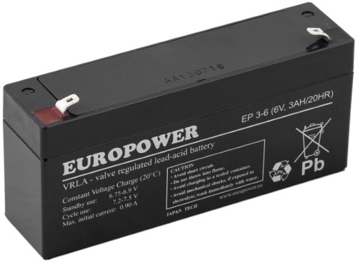 AKUMULATOR BATERIA AGM VRLA EUROPOWER EP 3Ah 6V EP3-6 AUTKO ZABAWKI POJAZDY