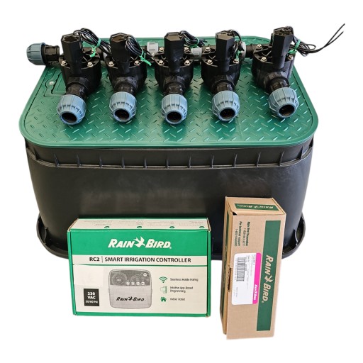 Zestaw Rain Bird HV 5 sekcji Kolektor Sterownik RC2 z WiFi Czujnik PE 20