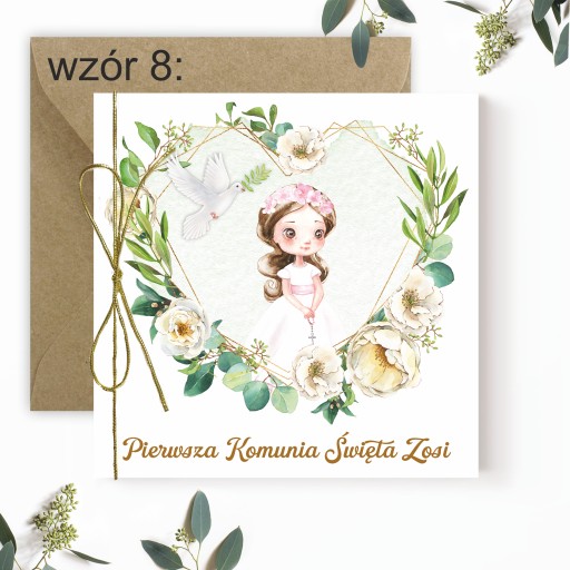Zaproszenia na komunię + imię + koperta + sznurek