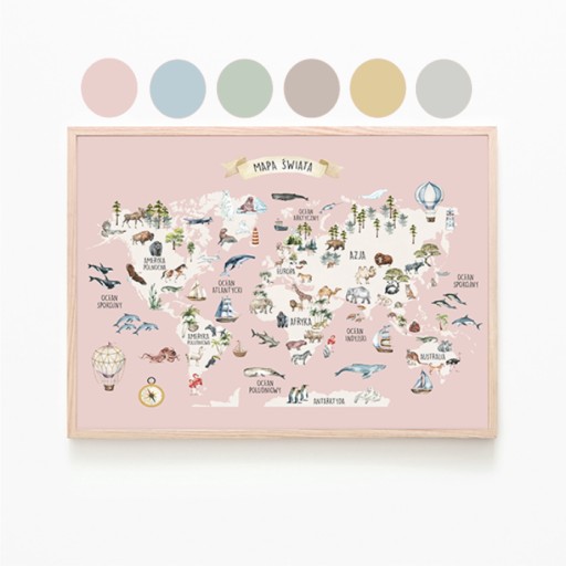 Mapa Świata 40x50 cm PLAKAT MONTESSORI RÓŻNE KOLORY