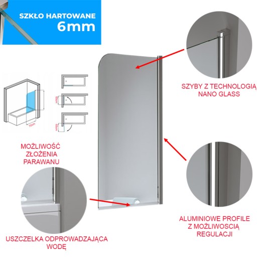Шторка для ванны PR01 ХРОМ 70x140 CM 6 MM